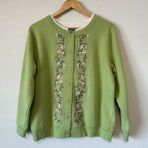 Vintage Cottagecore Size L Floral Embroidered Grandmacore Cardigan Green Fleece